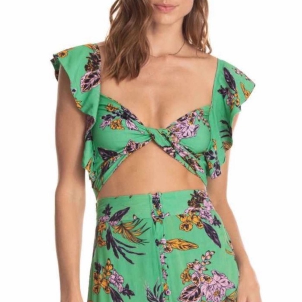 Maaji Earthly Heaven Crop Top Green Pink Floral Ruffle Reversible Tied Medium